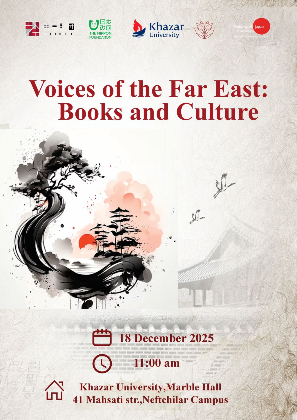 On December 18, 2025, an event titled "Voices of the Far East: Books and Culture" will be held, organized by Khazar University's Library Information Center.